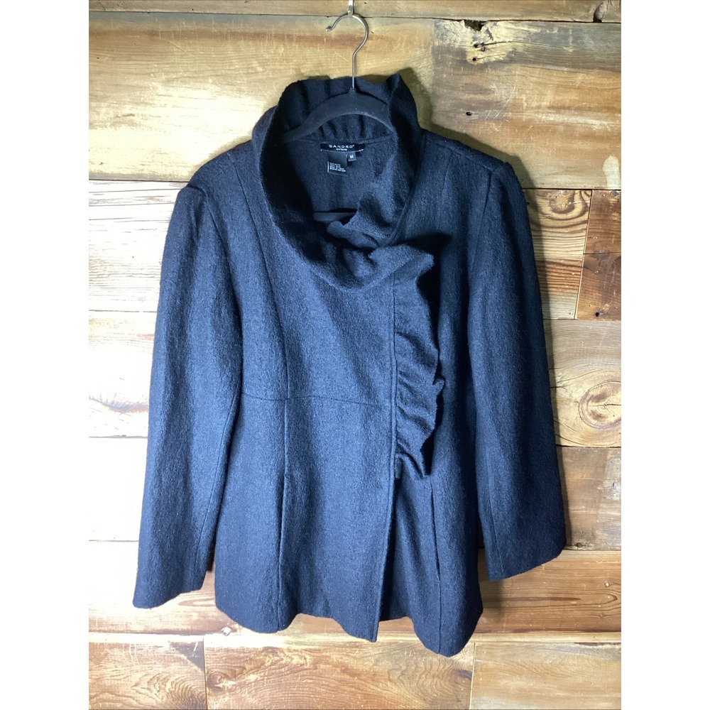 SANDRO Sportswear 100% Boiled Wool Ruffle Collar Jacket Black Size M